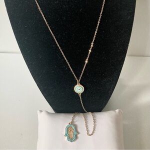 Evil eyes Gold tone and Turquoise Hamsa preloved Necklace